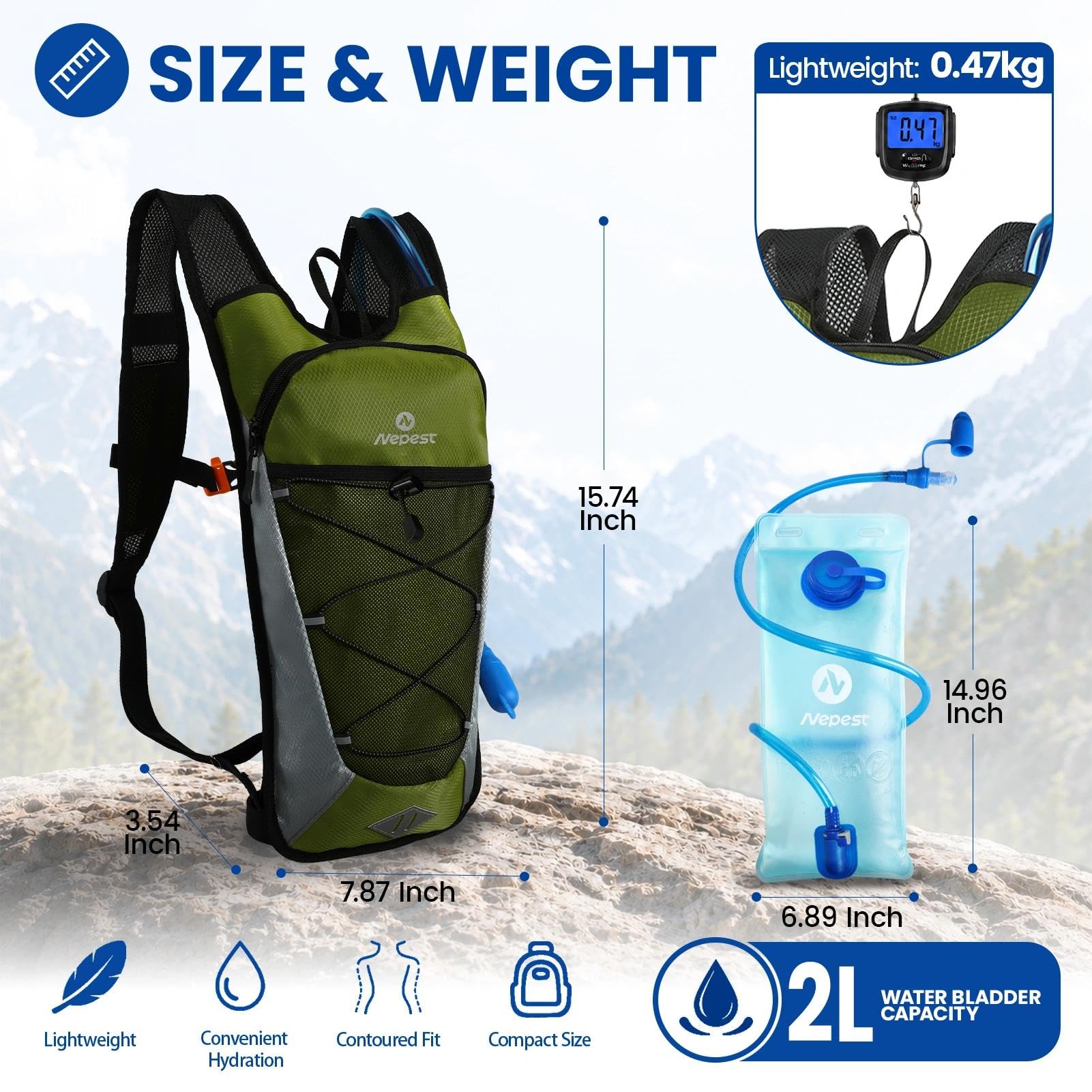 Nepest Sac à dos d'hydratation avec poche à eau de 2 L pour le cyclisme, sac à dos d'eau pour la randonnée, la course à pied, sac d'hydratation léger