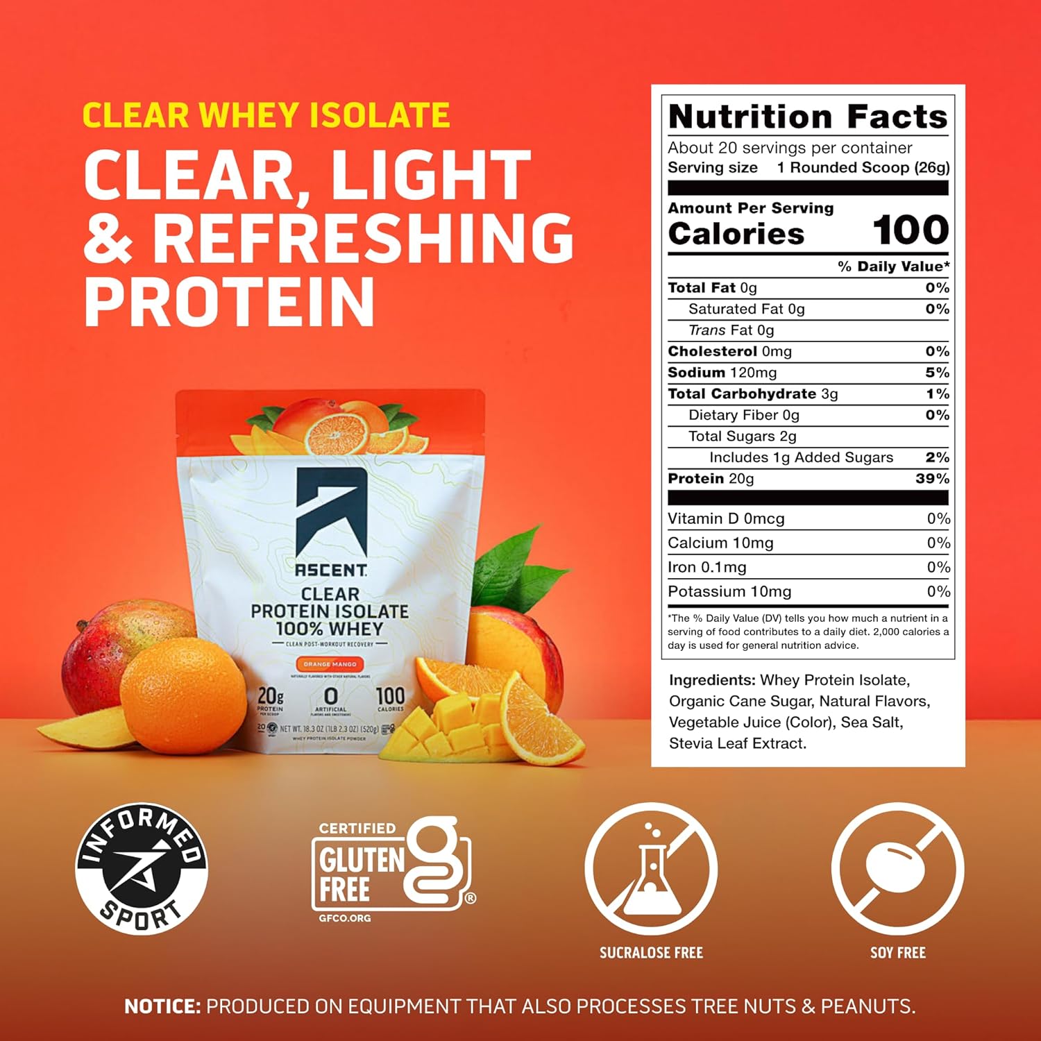 Ascent 100% Clear Whey Protein Powder - Post Workout, Zero Artificial Flavors & Sweeteners, Gluten Free, 5.5g BCAA, 2.1g Leucine, Essential Amino Acids, Orange Mango, 20 Servings - Image 3