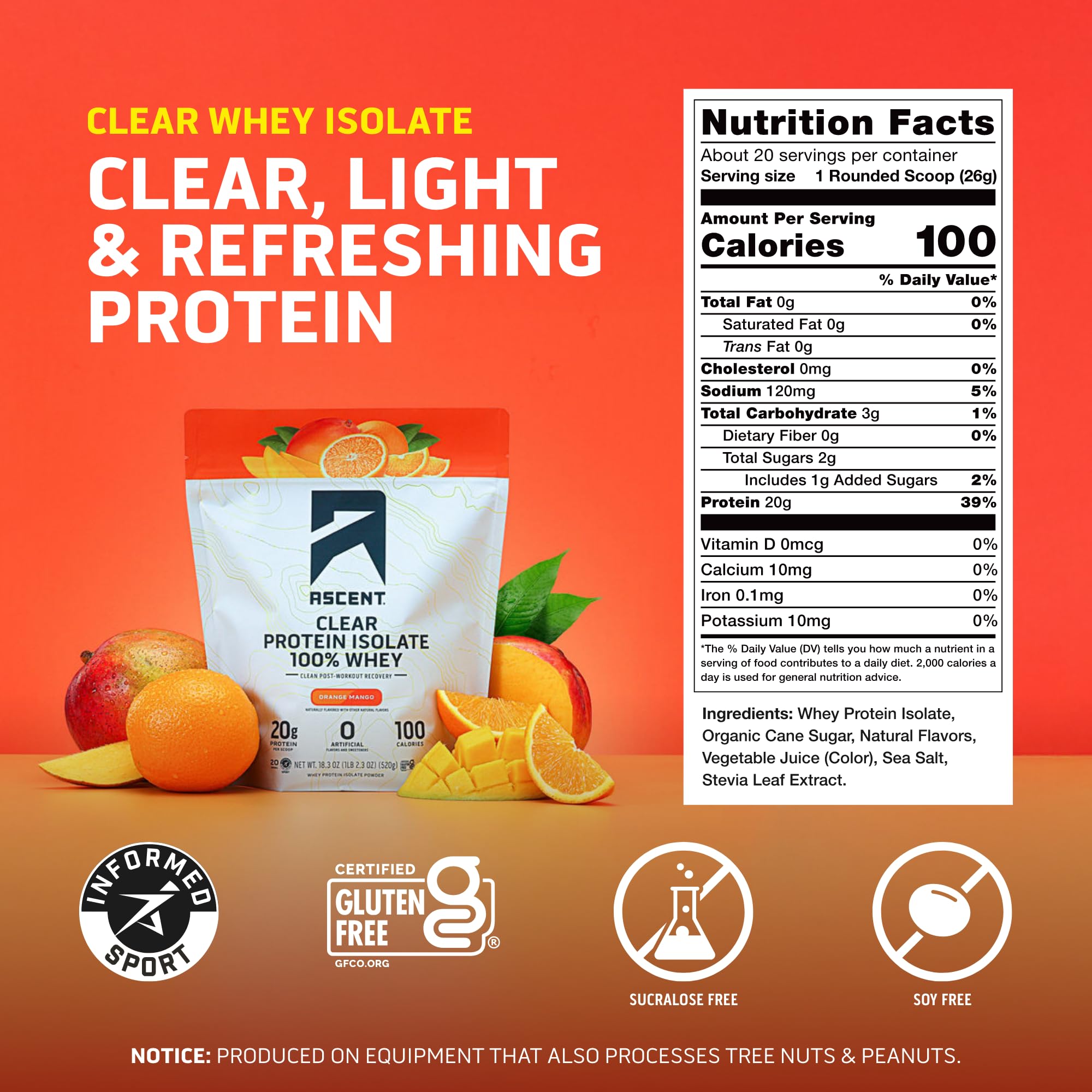 Ascent 100% Clear Whey Protein Powder - Post Workout, Zero Artificial Flavors & Sweeteners, Gluten Free, 5.5g BCAA, 2.1g Leucine, Essential Amino Acids, Orange Mango, 20 Servings — Amazon image 3