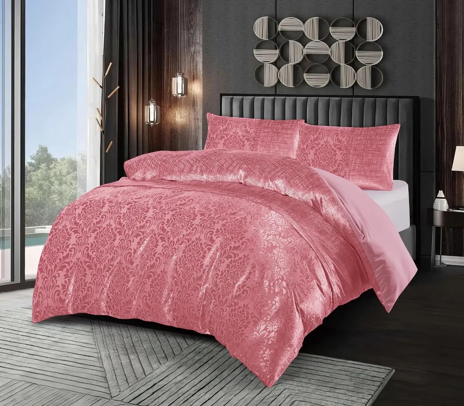 Emilia Crushed Velvet Damask Duvet Cover Set – Luxury Reversible Bedding Set with Pillowcases – Super Soft Jacquard Design – Premium Velvet Quilt Cover Set (Pink, King)