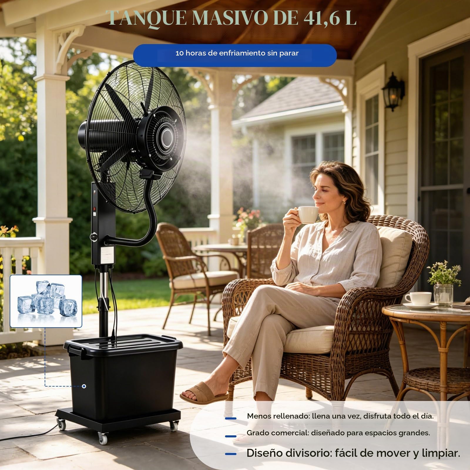 Ventilador de Pie con Nebulizador de Agua, Depósito de 40L y 3 Velocidades | Ventilador Industrial Portátil con Alcance de 20m para Exterior, Jardín, Terraza y Grandes Espacios