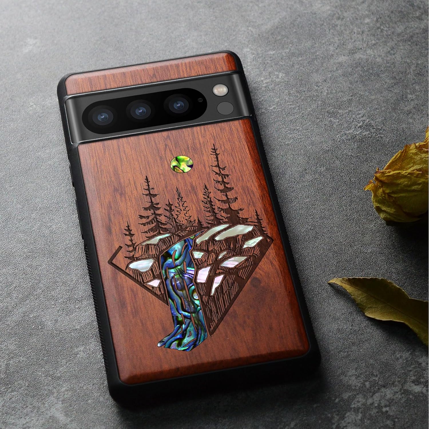 Carveit Designer Wooden Case for Google Pixel 8 Pro Case Cover [Wood Engraving & Shell Inlay] Compatible with Wireless Chargers Pixel 8 Pro (Forest and Waterfall-Rosy)