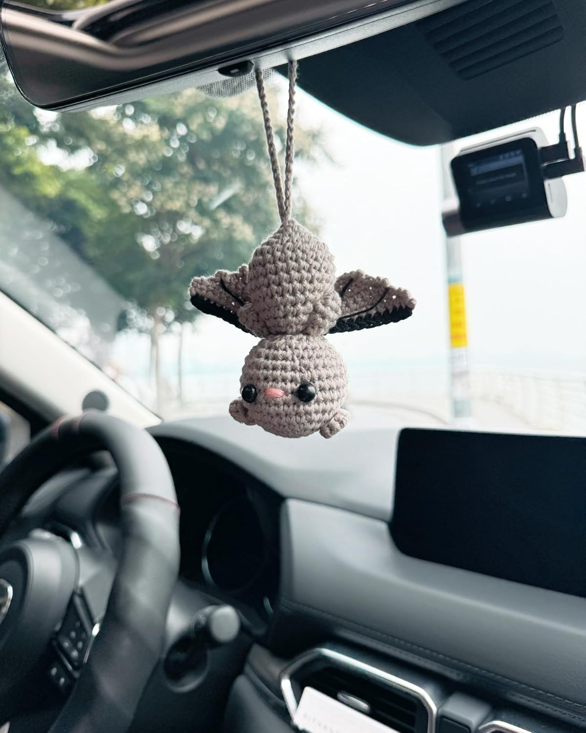 Bunny Crochet American Flag Car Rear View Mirror Holder, Cute Car Hanging Ornament, Independence Day Gift, Crochet Lovely Ornament, Automotive Interior Decorations (Cute Fly Bat)