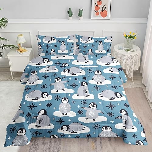 Datura home Juego de edredón de pingüino para niños y niñas, precioso pingüino blanco nevado, juego de ropa de cama de 3 piezas con 1 edredón y 2 Datura home Juego de edredón de pingüino para niños y niñas, precioso pingüino blanco nevado, juego de ropa de cama de 3 piezas con 1 edredón y 2