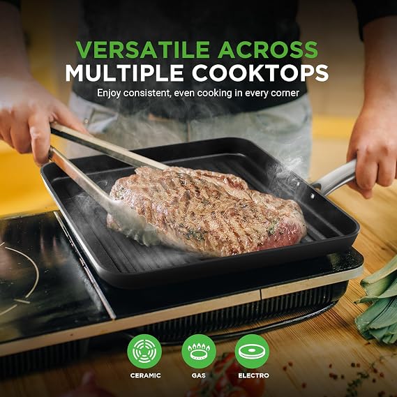 NutriChef Grill Pan Nonstick, Stainless-Steel Griddle 48 x 28cm, High Ridges, Strong Handle, For Gas and Electric Cooking and Grilling (Non-Induction)