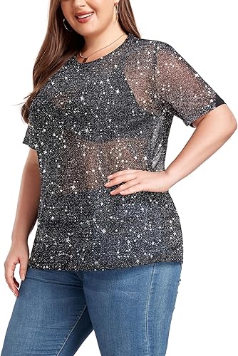 Miniatura 3 de ForHailey Blusa de manga corta transparente de malla para mujer, talla grande