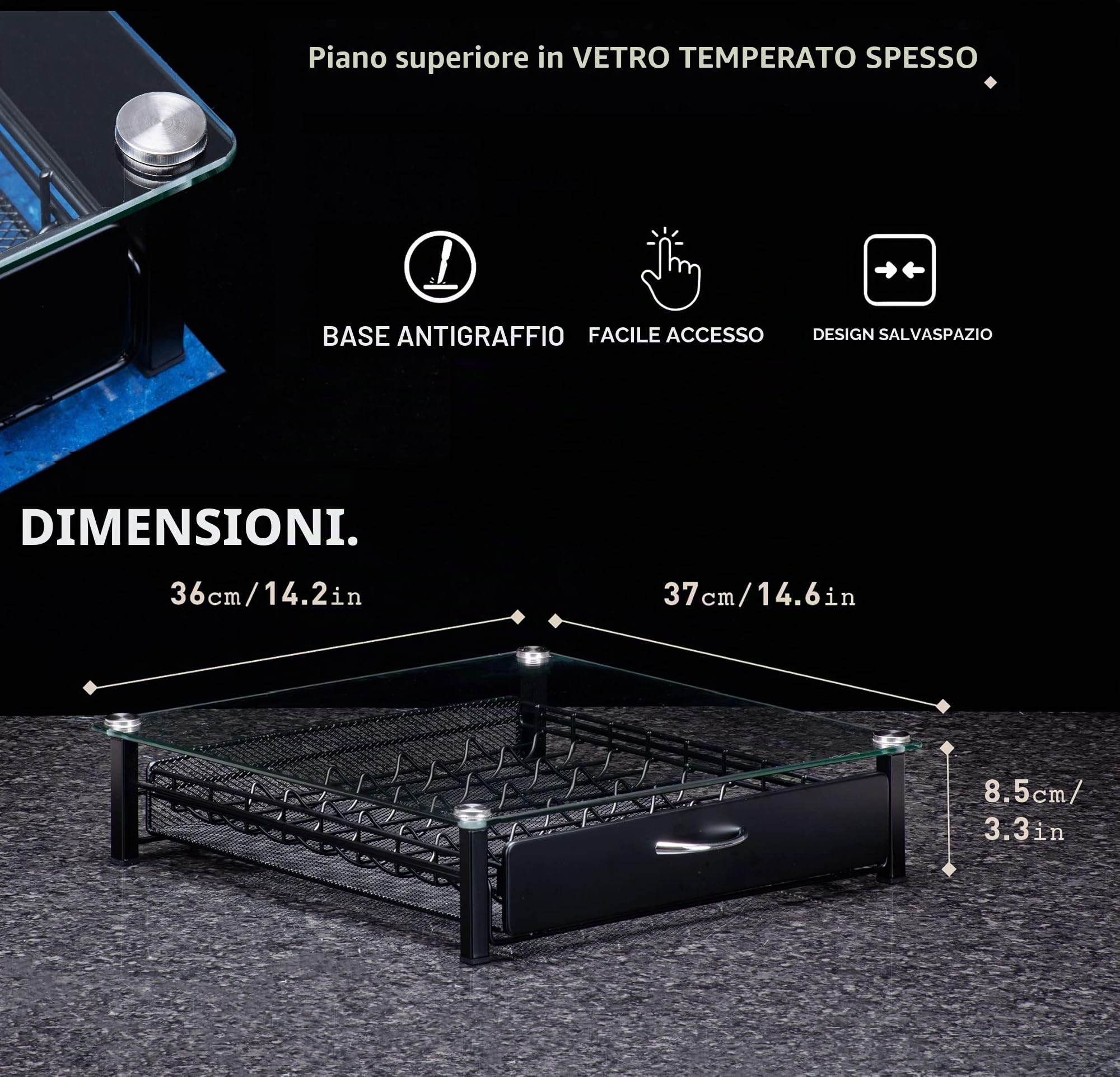 Peak Coffee Vassoio scorrevole per capsule Nespresso Vertuo, 45 capsule - Struttura in vetro e metallo nero per cialde macchine da caffè Nespresso Vertuo, 36 x 37 x 8,5 cm