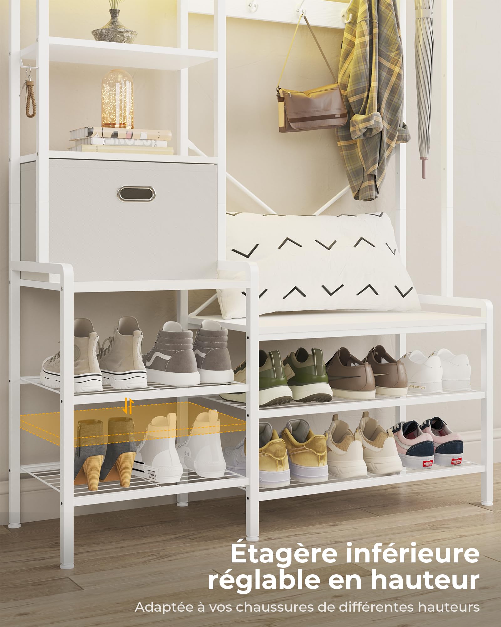 Porte-Manteau, Meuble d’Entrée, avec Banc et Étagères à Chaussures, Vestiaire d'entrée avec Tiroir en Tissu, 7 Crochets à Double Broche, Étagère Réglable, Meuble Chaussures, 40 x 120 x 192 cm, Blanc