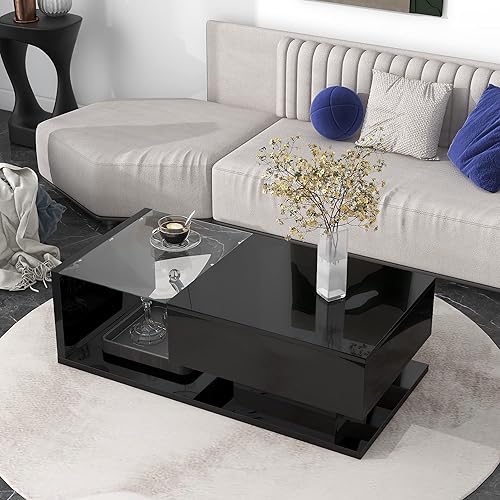 Modern Coffee Table with Tempered Glass, Wooden Cocktail Table with High-Gloss UV Surface, Modernist 2-Tier Rectangle Center Table for Living Room, Black