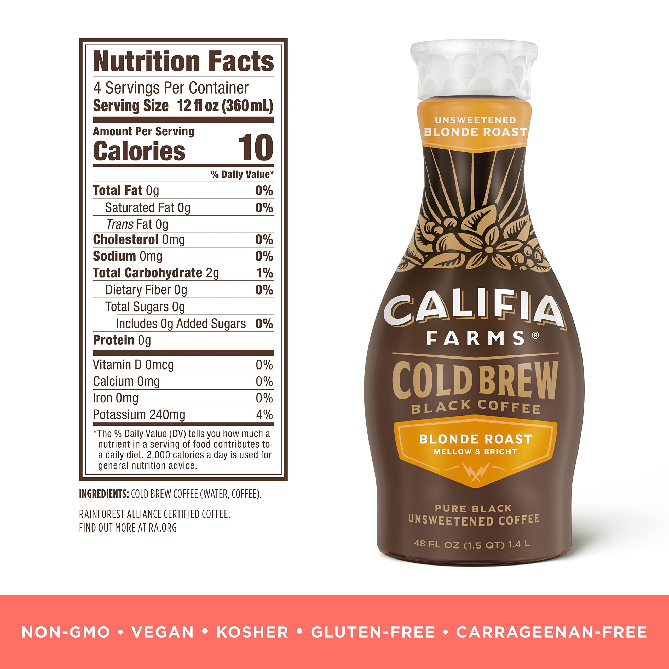 Califia Farms - Pure Black Blonde Roast Cold Brew Coffee 48 Oz 100 Arabica Plant Based Vegan Gluten — view 3