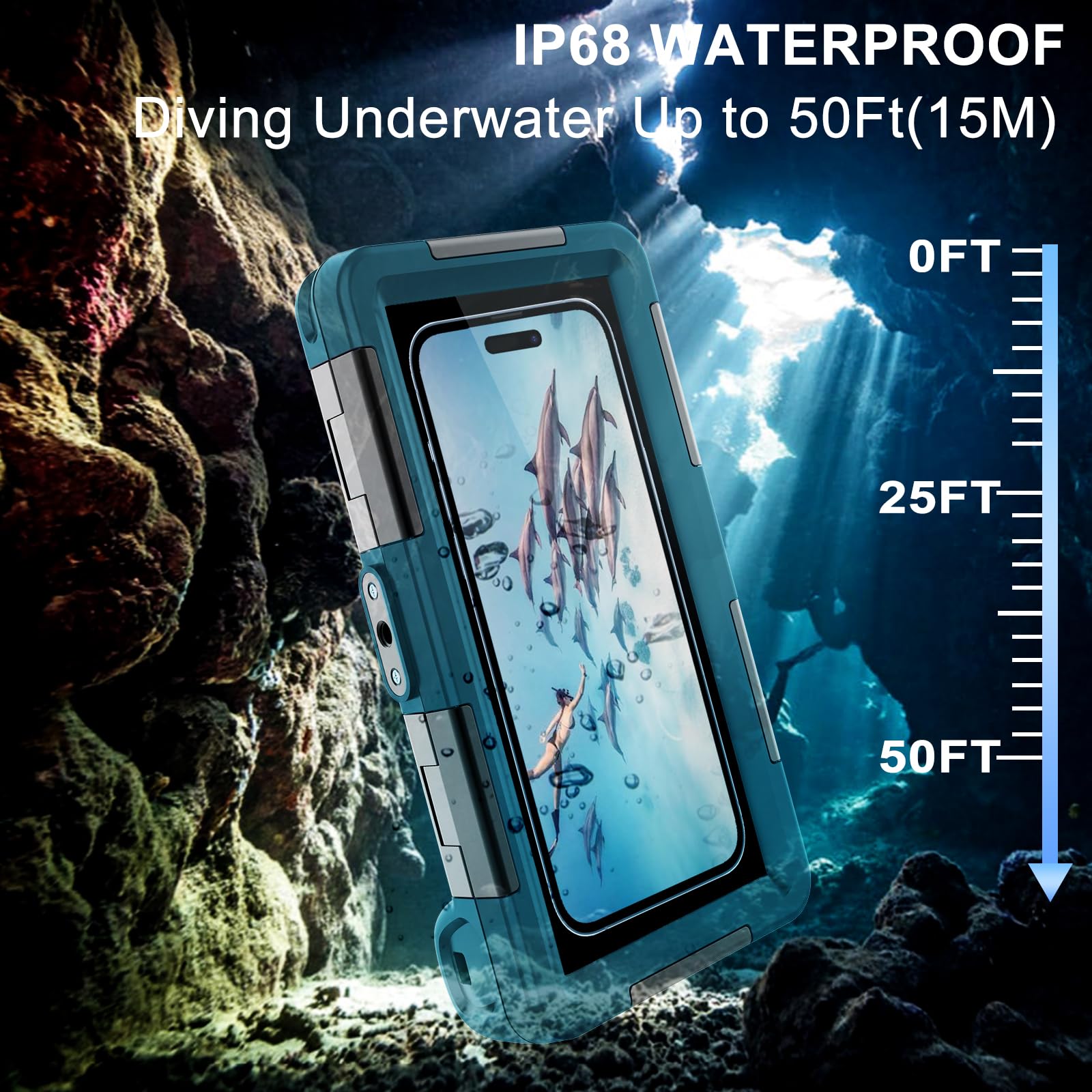 Kfisiso - Funda impermeable para teléfono de buceo, ajuste universal con iPhone 17/16/15/14/13 Pro Max Plus (tecla de volumen del teléfono a la izquierda), carcasa subacuática profesional para buceo