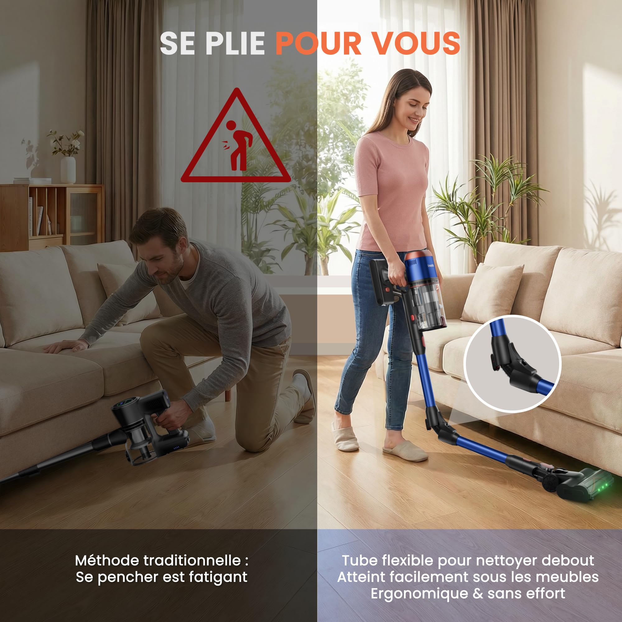 V15 Ultra Aspirateur sans Fil, 58 kPa, 600 W, 75 Min, 1,8 L | Aspirateur Balai Avec Double Bac, Tube Flexible Et Brosse En V Anti-Enchevêtrement Pour Tapis, Sols Durs Et Poils D’Animaux