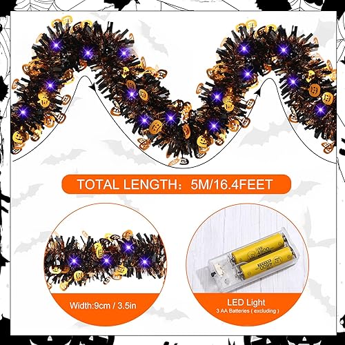 Miniatura 5 de Ceenna Decoraciones de Halloween de 16.4 pies, guirnalda de oropel de Halloween con 50 luces LED moradas colgantes de oropel con purpurina