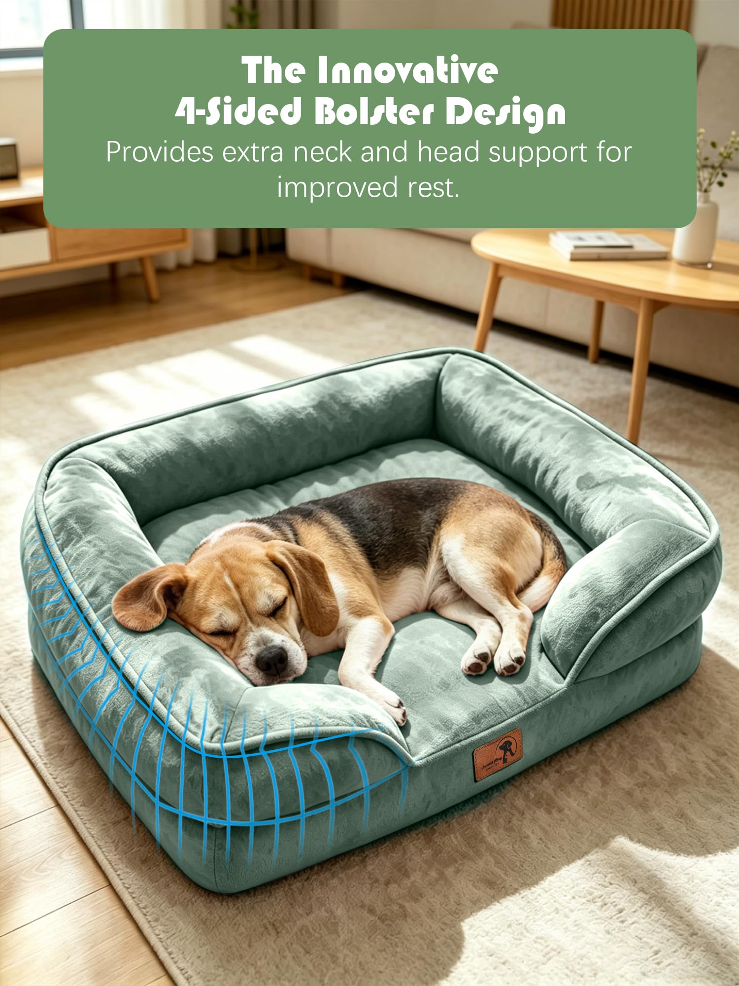 Spotted Play Orthopedic Dog Bed with Sides - Sofa Beds for Medium Dogs, Supportive Foam Pet Couch Bed with Washable Removable Cover, Waterproof Lining and Non-Slip Bottom, Green - M view 5