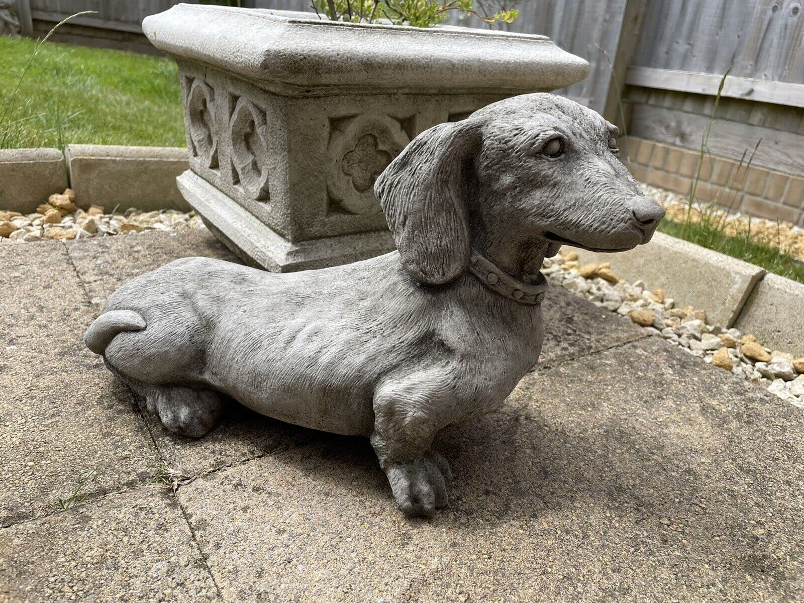 Burgess Home & Garden Grey Standing Dachshund Stone Statue | Reconstituted Stone Puppy Dog Outdoor Garden Ornament Decoration