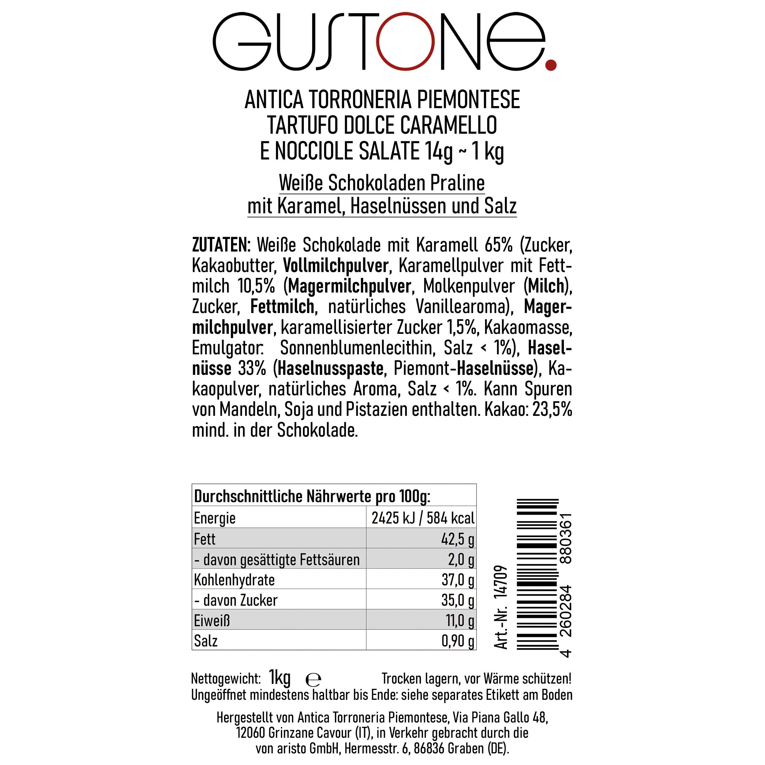 GUSTONE. Tartufi Dolci Caramello e Nocciole Salate - Antica Torroneria 1kg | glutenfrei, Trüffel-Pralinen Weiße Karamell Haselnuss, Schokoladentrüffel, seit 1885 in Familienbesitz