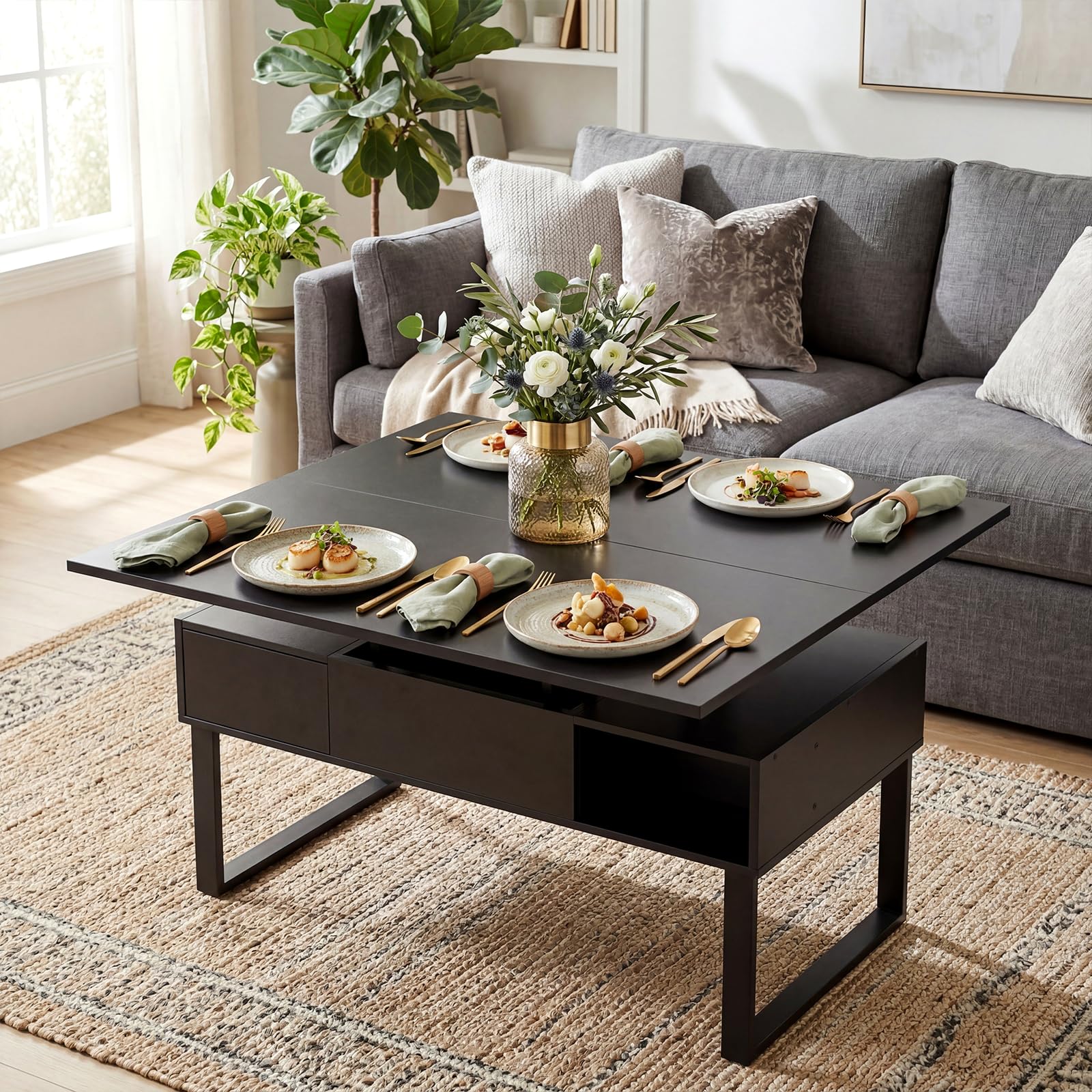 VOWNER Mesa de Centro de Altura Ajustable, Mesa de Salón Multifuncional 3 en 1 con 2 Cajones y Almacenamiento Oculto, se Puede Utilizar como Mesa de Comedor (Negro)