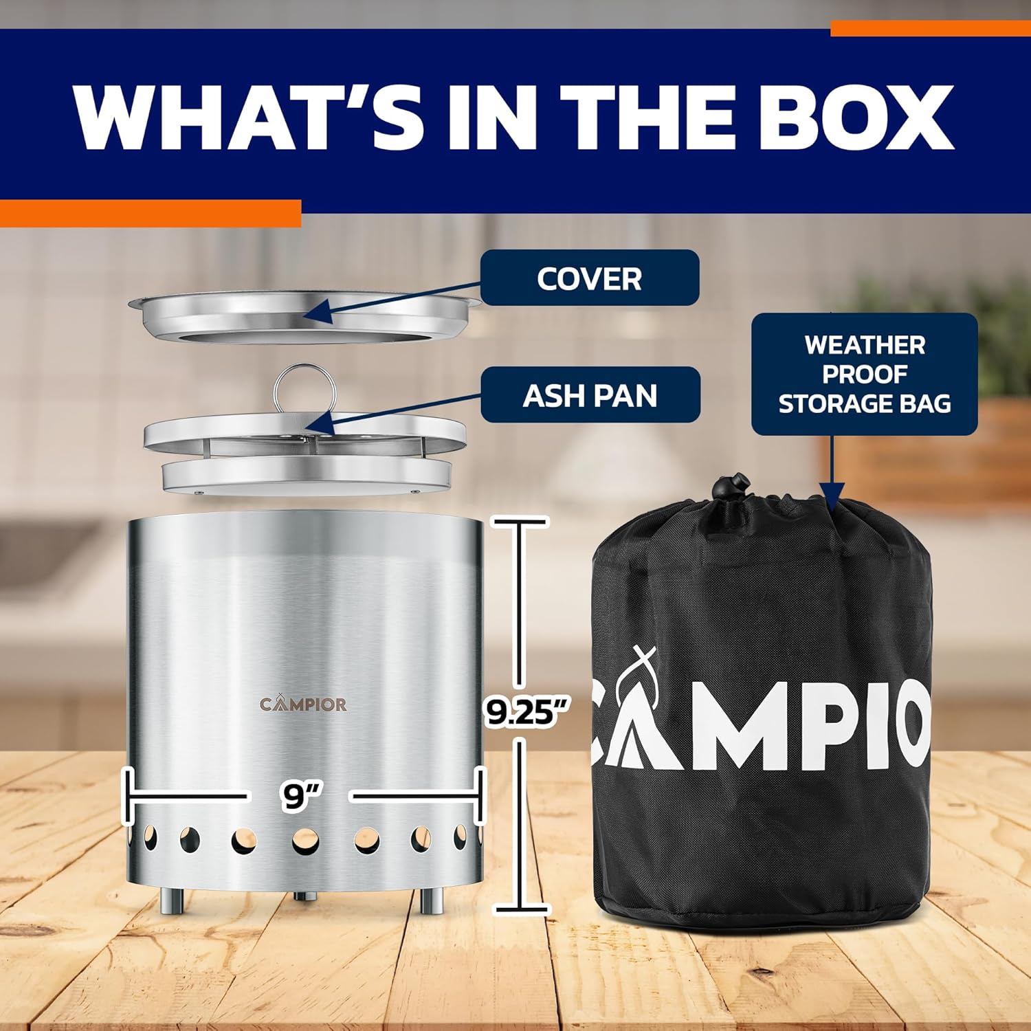 CAMPIOR Wood Burning Fire Pit Stove - Smokeless Outdoor Stove for Wood Fires, Camping, Cooking, and Garden Gatherings, Durable, Stainless Steel with Removable Ash Pan, with Stand and Black Carry Bag