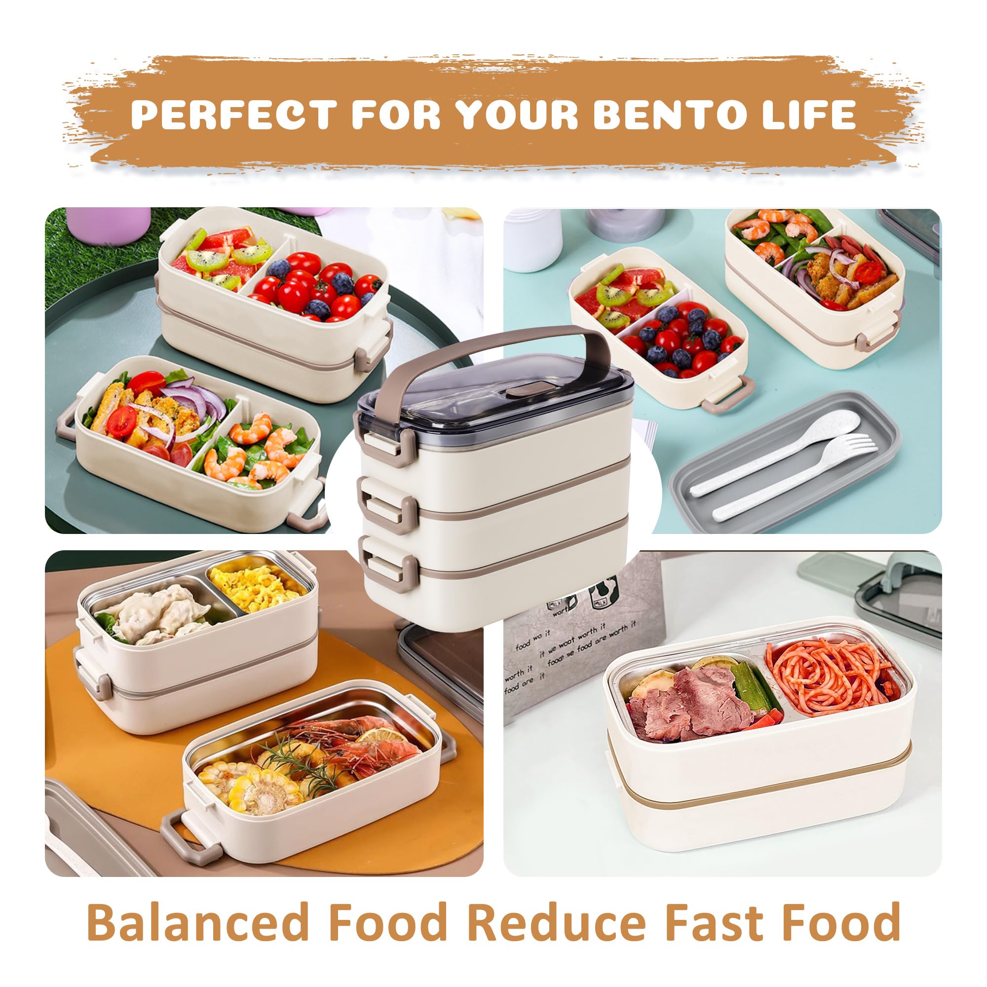 Bento-Lunchbox für Kinder, Damen, Herren, 1,3 l, 2 Fächer, Salat, Metall, Lebensmittelzubereitungsbehälter für Mittagessen, Edelstahl, 3 Schichten, stapelbar, Lunchbehälter mit Deckel, für Erwachsene