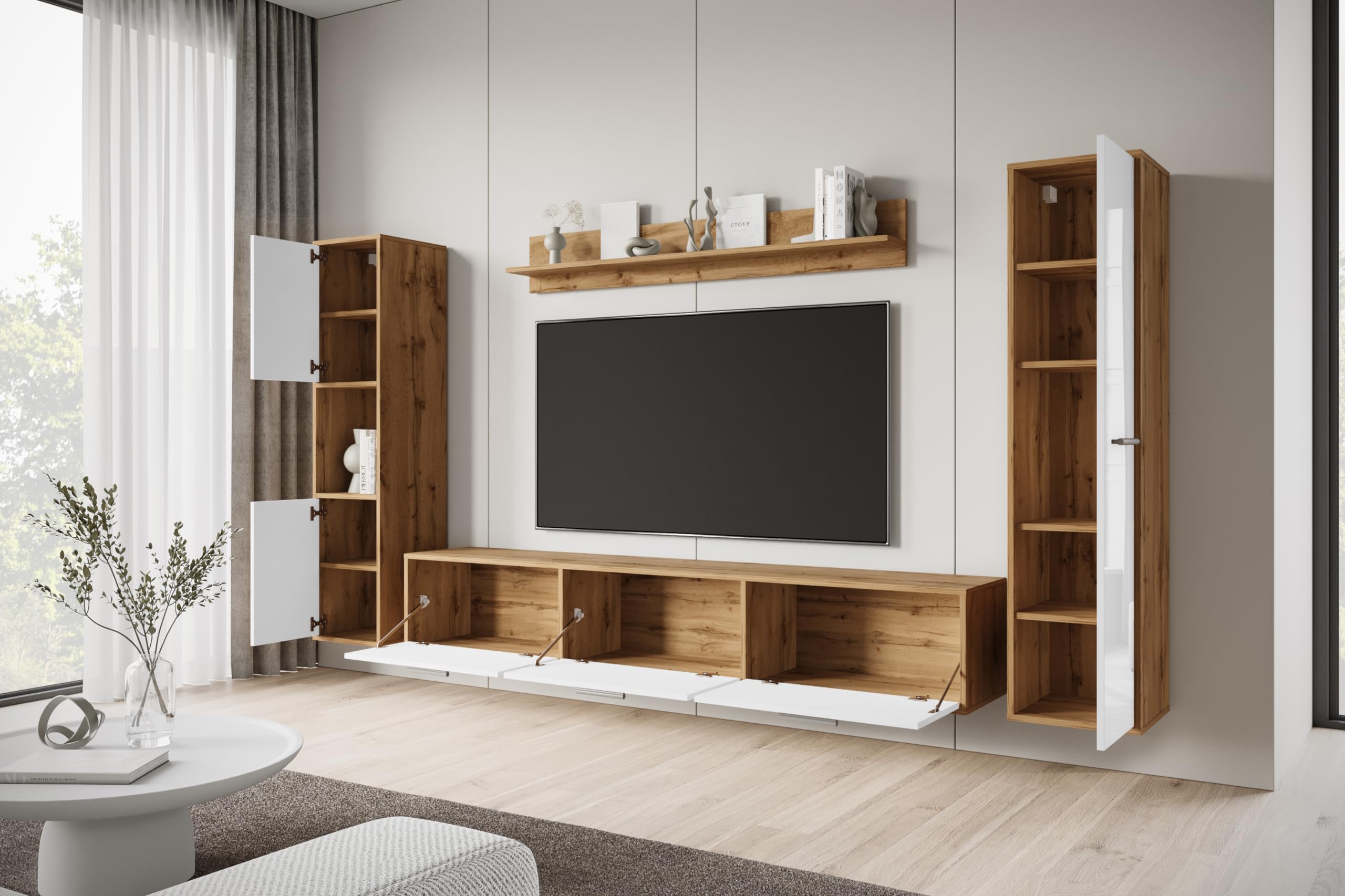 MINIO go for it - Wohnwand Wohnzimmer 4-teilig Toga, Wohnzimmer Möbel Set, 1x TV Lowboard, 2X Hochschrank, 1x Wandboard, Wohnzimmermöbel Komplett, Wohnzimmer Set - Farbe Wotan Eiche/Weiss Hochglanz