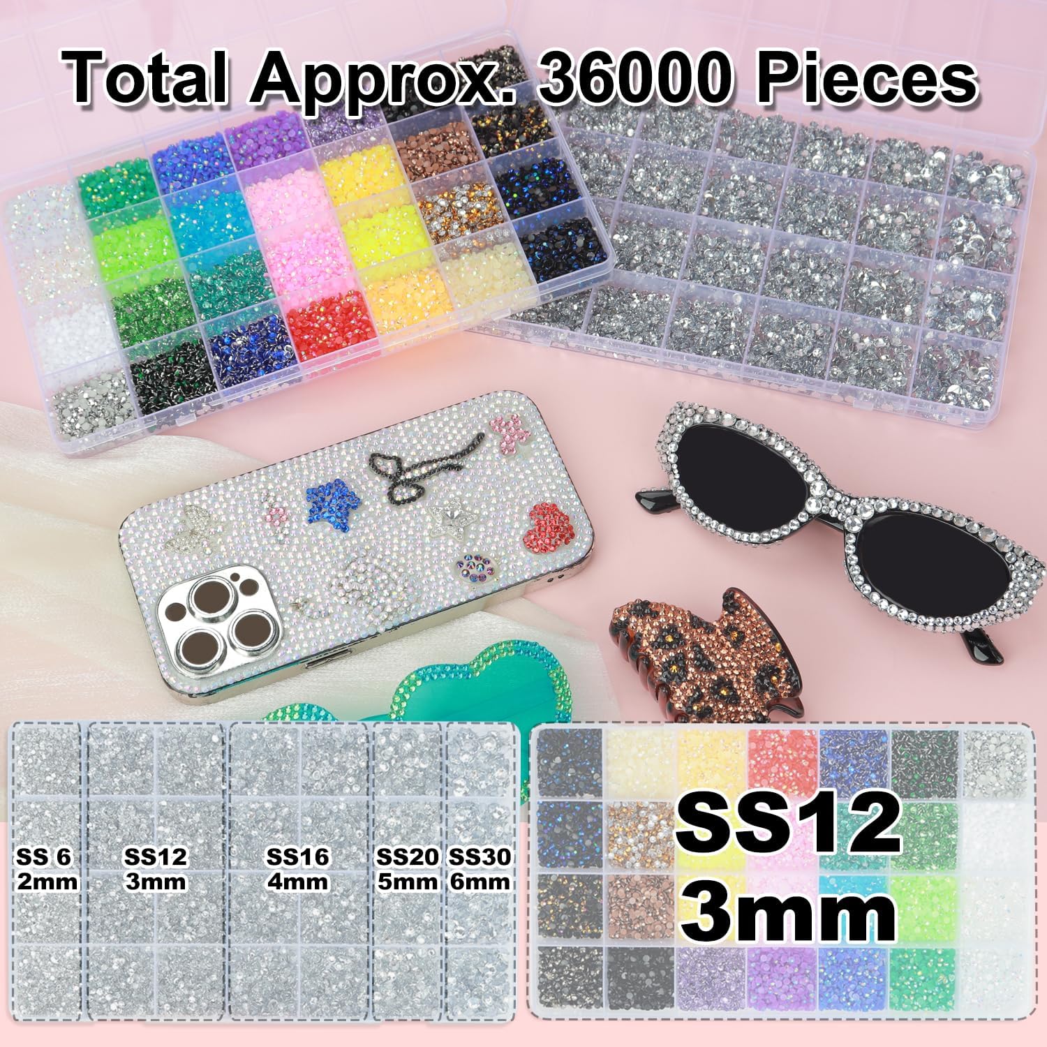 2 Boxes Rhinestones for Bedazzling Kits, Silver Clear 2/3/4/5/6mm & Multicolor 3mm Resin Flatback Gems for Bedazzle Art, Bedazzler Kit with 3Pcs 10ml B7000 Jewelry Glue for DIY Crafting Book Decor