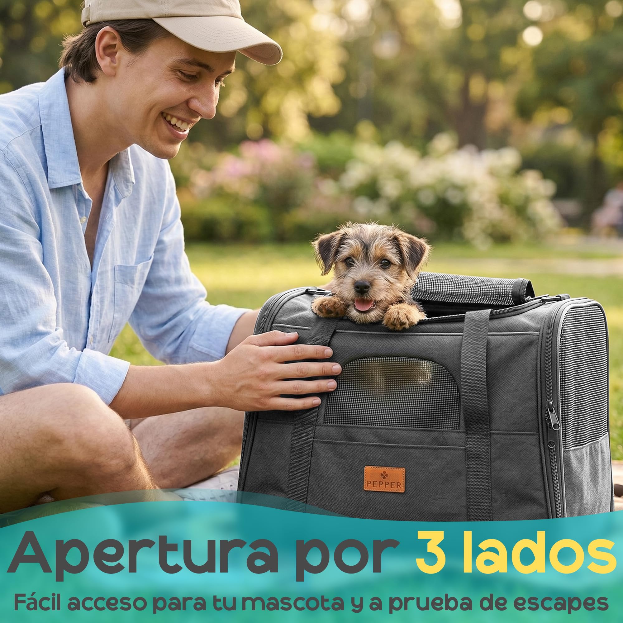 PEPPER® Transportin Gato Perro Pequeño | Bolsa de Transporte Plegable y Transpirable con Ventilación 360º Cómodo y Seguro con Bebedero Plegable, Cojín Suave Lavable y Correa de Hombro Ajustable
