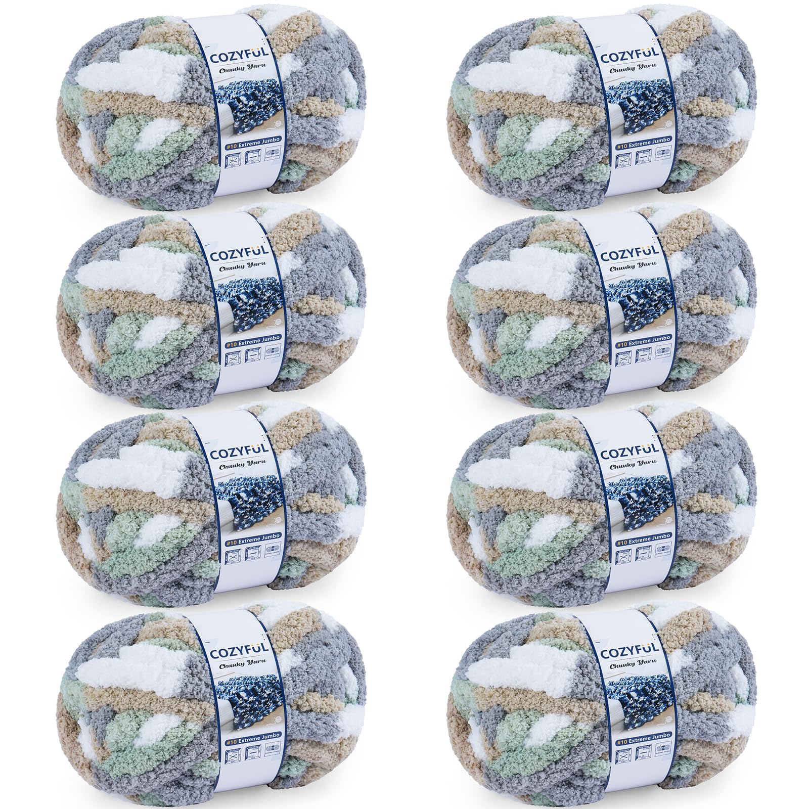 Chunky Yarn for Hand Knitting - #10 Chunky Chenille Blanket Yarn, Jumbo Big Thick Chunky Yarns for Crocheting, Tie Dye Bulky Knit Yarns, 8 Skein (25 yds 8 oz Each Skein), Cream&Sage&Grey&Khaki 8 Pack Cream&Sage&Grey&Khaki
