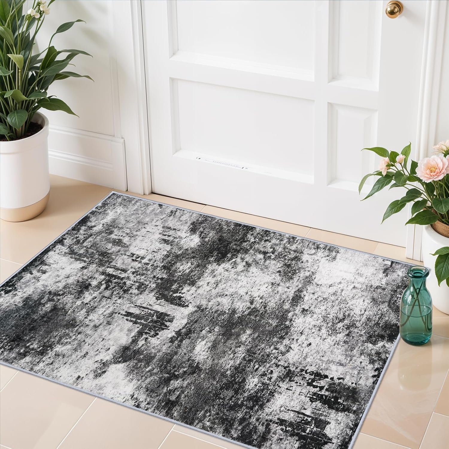 RUUGME 2x3 Abstract Area Rug:Large Washable Living Room Rug Indoor Non Slip Low Pile Carpet for Bedroom Soft Foldable Stain Resistant Distressed Thin Rug for Dining Room Kitchen 2x3 Black A 2' x 3' (Rectangular) Black