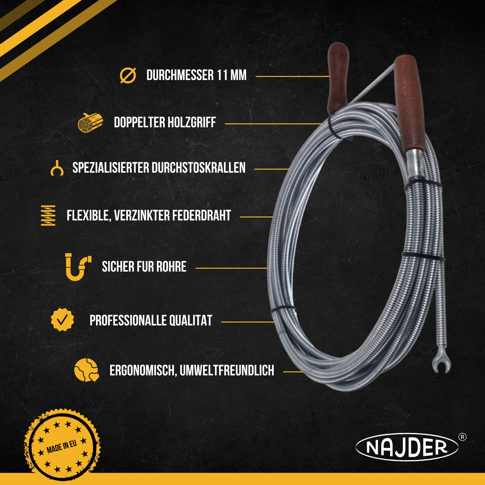 Die Rohrreinigungsspirale mit Kralle abwasserspirale 11 mm für Rohre 100 mm… (15 m)