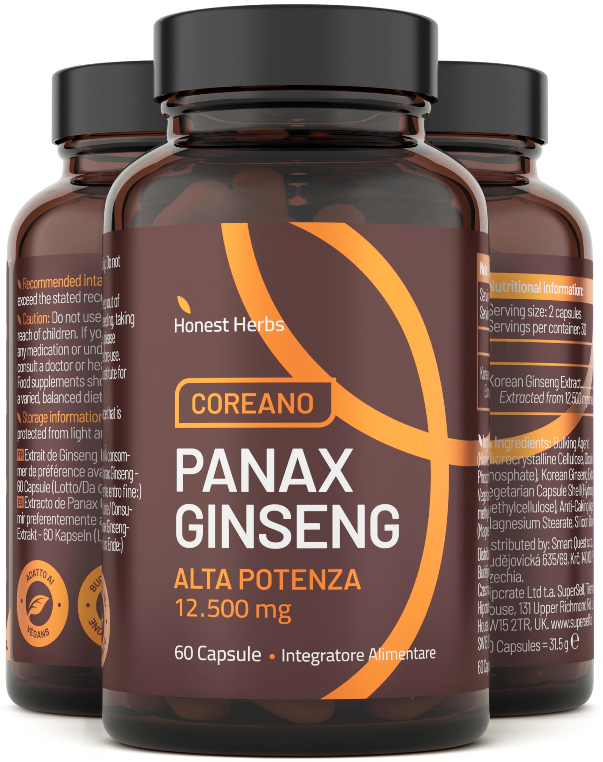 Panax Ginseng Rosso Coreano - Integratore Alimentare ad Alta Concentrazione 12.500 mg - Estratto di Radice di Ginseng con 30% di Ginsenosidi - 60 Capsule - Vegano