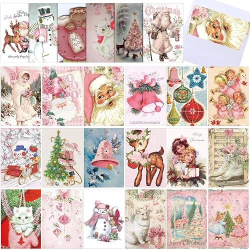 Geosar 24 Pack Vintage Christmas Cards Pink Victorian with Envelopes
