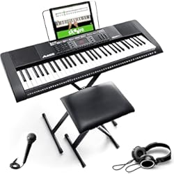 Trompeta Con Teclado Alesis Melody 61 - Teclado de piano electrico para principiantes con altavoces, soporte, banqueta, auriculares, micrófono, atril, 300 sonidos y lecciones de música