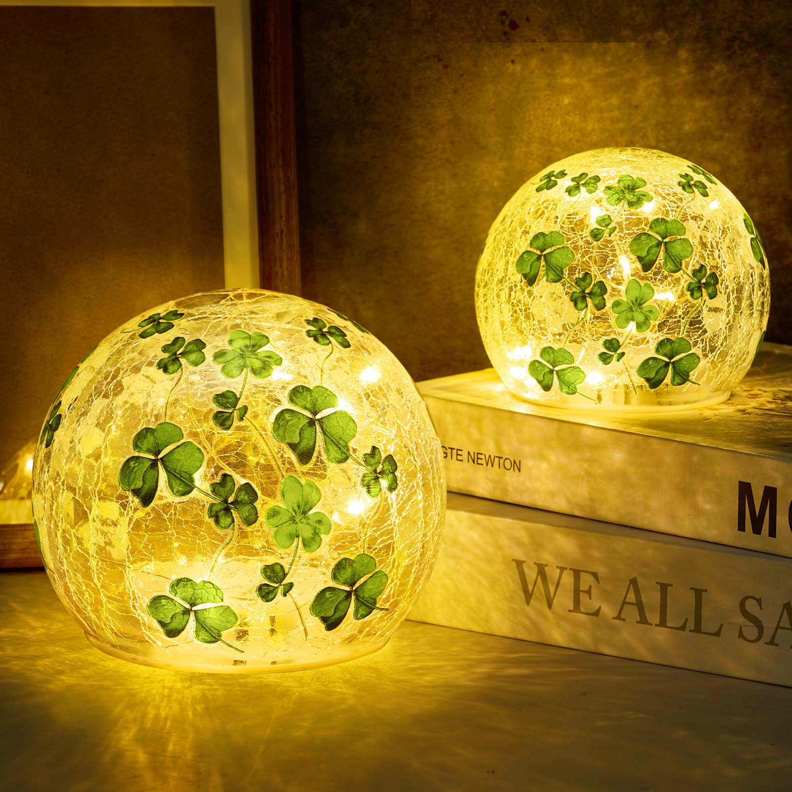 Photo 1 of ***THERE ARE HEARTS ON GLASS NOT CLOVERS***2PCS Valentine's Day Decoration,3.93"&3.15" Lighted Crackle Glass Ball Tabletop Decor,Heart Globe Night Light,Decorative Balls Glass Orb Table Lamps for Home, Birthday,Wedding***THERE ARE HEARTS ON GLASS NOT CLOV