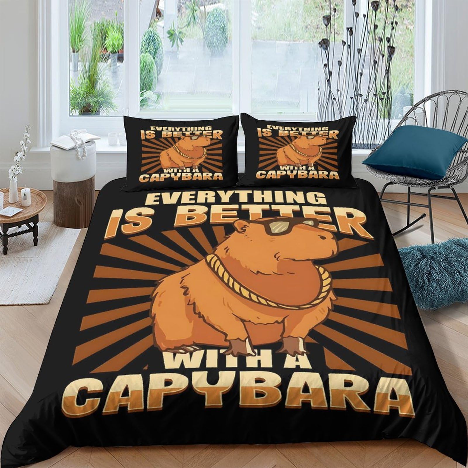 Ctjqhvkz Style-3 3D Printed Capybara Cartoon Fitted Sheet Microfiber Soft Black Orange Animal Bed Cover For Bedroom Guest Room Decor Single（135X200cm）