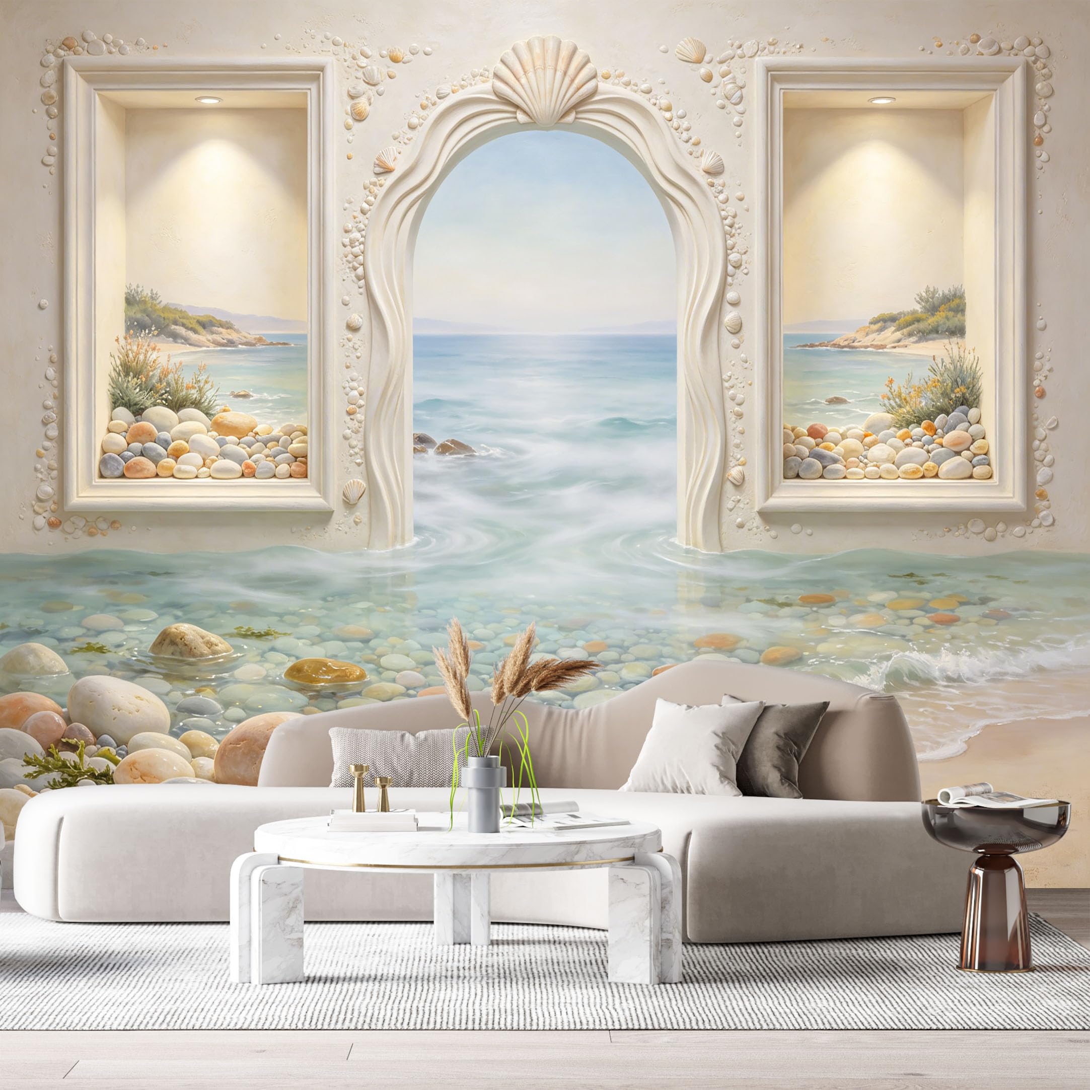Custom Size Wall Murals Coastal Ocean Marine Beach Pebble Archway 3D Trompe L'Oeil SelfAdhesiveWall Fabric Removable Wallpaper Wall Decor for Living Room Bedroom Bathroom