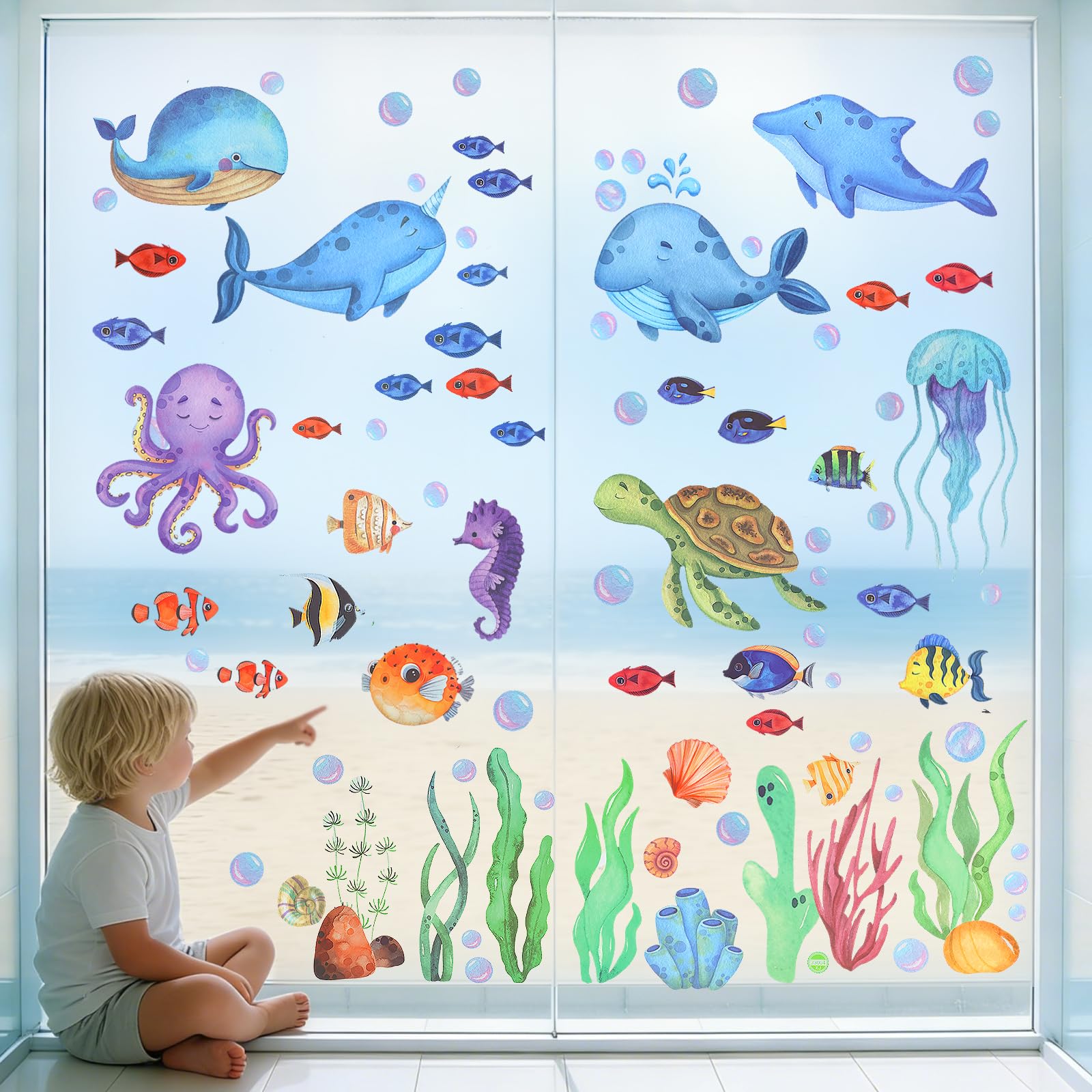 Autocollants pour Fenêtre Enfants 9Pcs Electrostatique Stickers Fenetre Vitre Autocollants Décoratifs pour salle de bain réfrigérateur Fenêtre décoration Océan Été