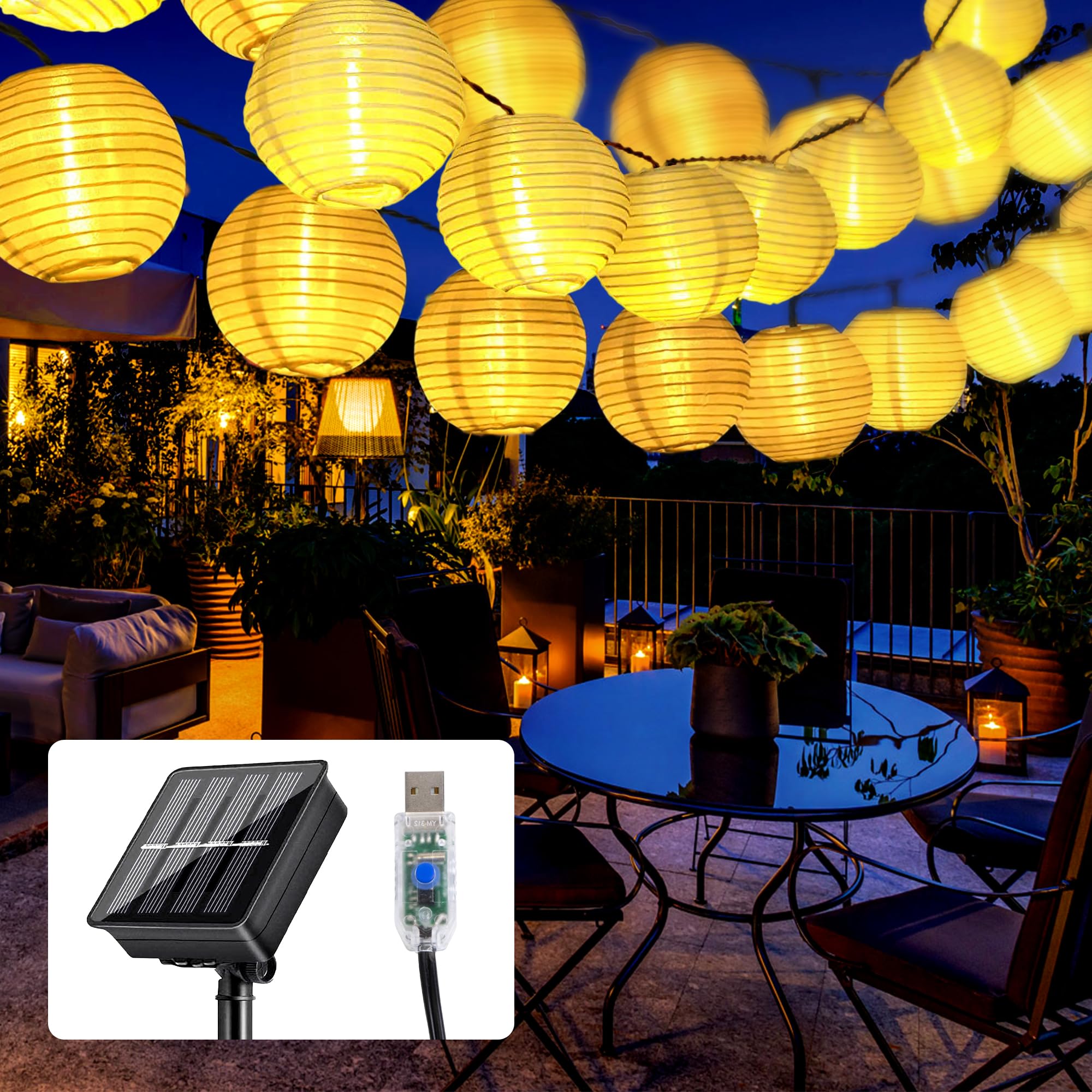 Mexllex Guirnalda de luces solares para exteriores, 8 m, 40 ledes, 8 modos, farolillos solares para exteriores, resistente a la intemperie, funciona con USB, para exterior, jardín, balcón, terraza,