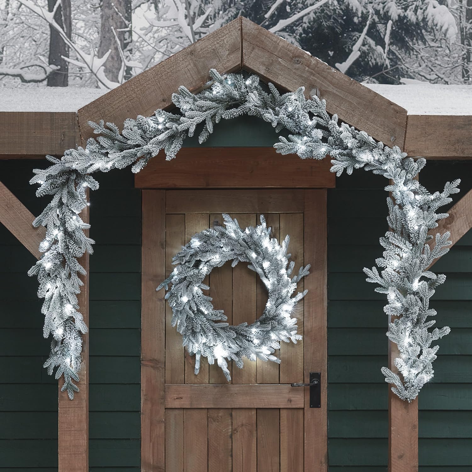 Lights4fun 3-in-1 Weihnachtsdeko Set LED beleuchtet Künstliche Girlande Weihnachtskranz beleuchtet Weihnachtsgirlande Außen Deko Weihnachten