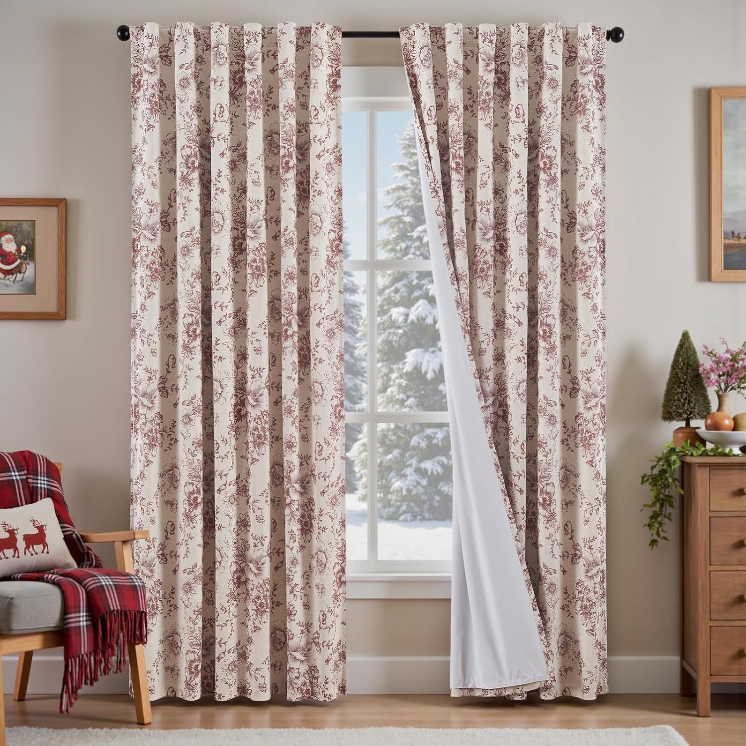 jinchan Blackout Floral Curtains Linen Blend Curtain for Living Room 90 Inch Length Christmas Brick Red Flower Printed Drapes for Bedroom Rod Pocket Back Tab Farmhouse Curtains Set 2 Panels #Blackout Flower Brick Red 50"W x 90"L (Pack of 2)