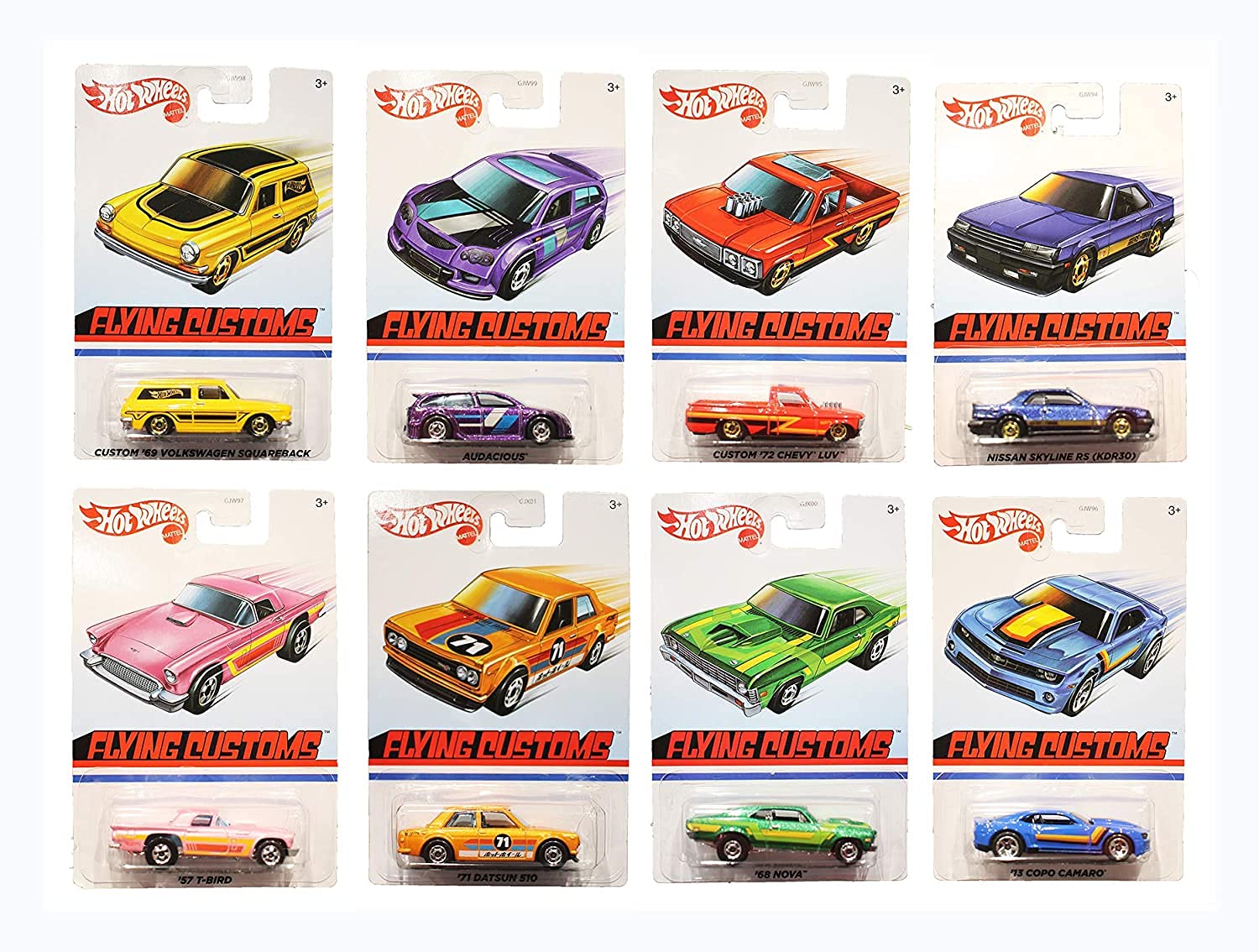 Flying Customs 1:72 Scale Diecast Set of All 8 Cars - Nissan Skyline RS, 13 Copo Camaro, 68 Nova, Cu