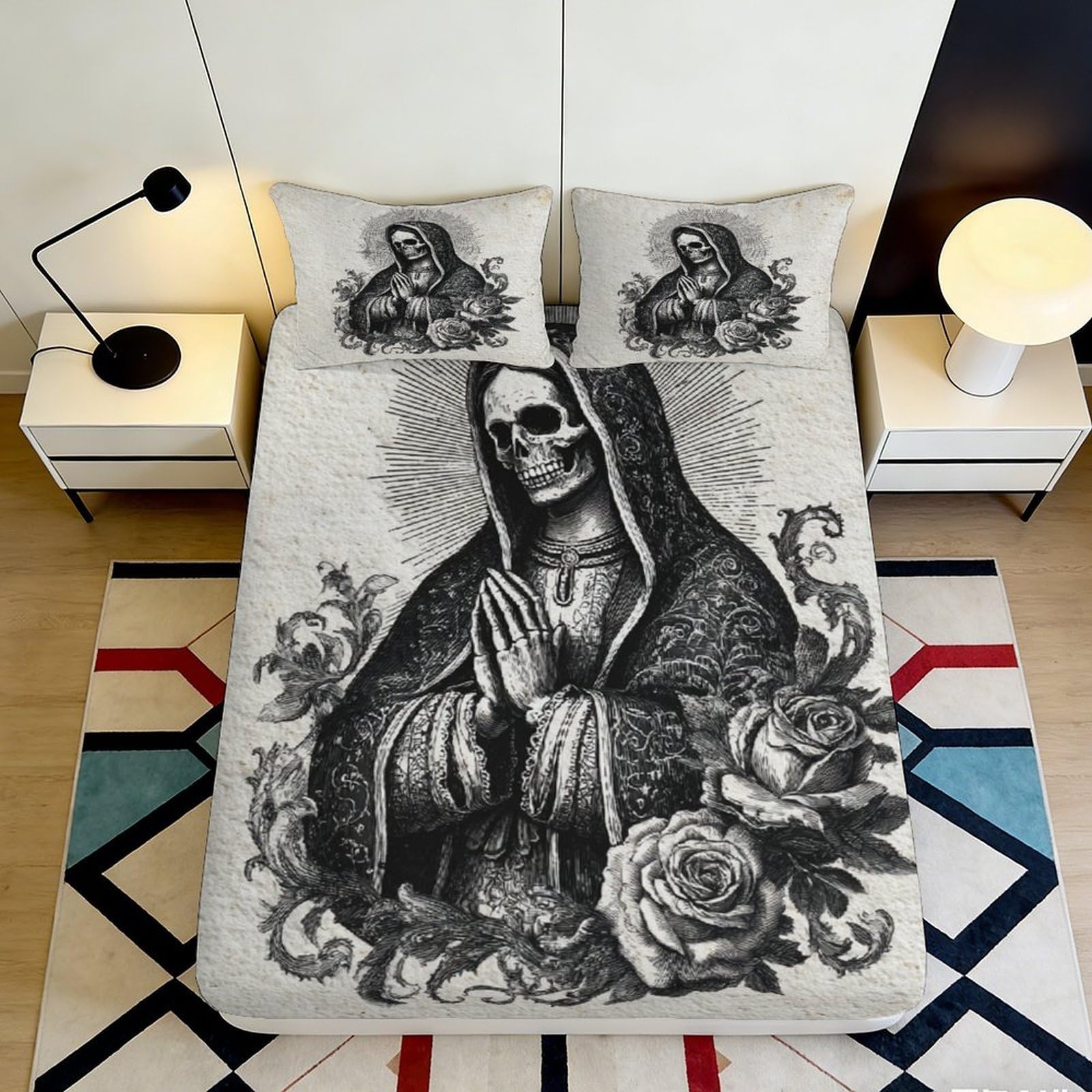 Pnayamiorkfel Style-4 3D Printed Gothic Skeleton Virgin Fitted Sheet Microfiber Artistic Rose Mattress Cover For Bedroom Guest Room Decor 90X200x25cm