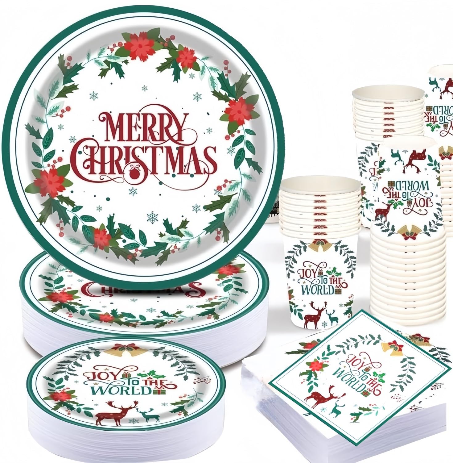 LATERN 100 Pièces Vaisselle En Papier Pour Fête De Noël, 25 X 23CM Assiettes à Plates, 25 X 18CM Assiettes à Salade, 25 X 270ml Gobelets, 25 X 16CM Serviettes - Pour
