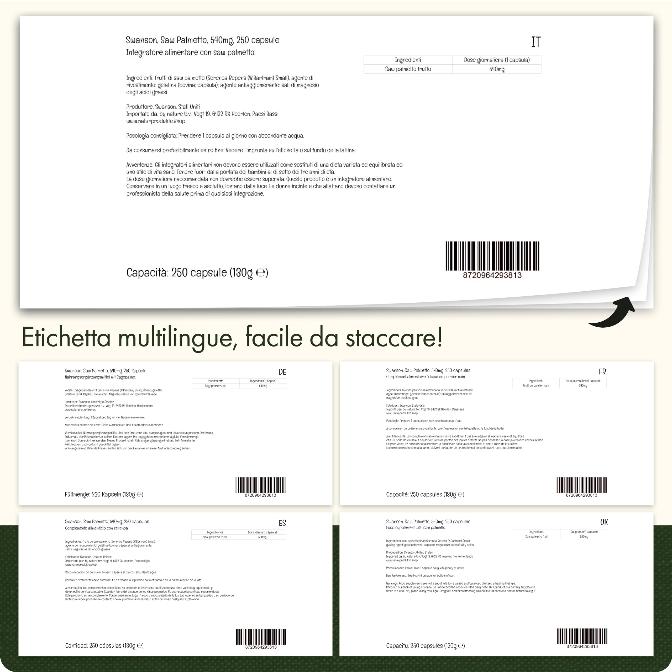 Swanson, Saw Palmetto, 540 mg, 250 Capsule, Altamente Dosato, Testato in Laboratorio, Senza Soia, Senza Glutine, Senza OGM