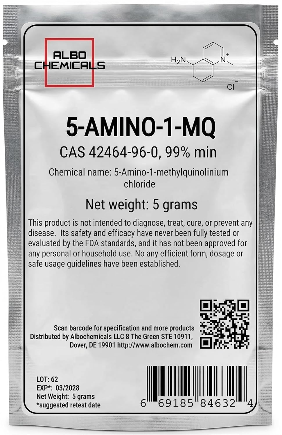 5-amino-1MQ, 5-Amino-1-methylquinolinium Chloride Powder, CAS 42464-96-0, 5 Grams