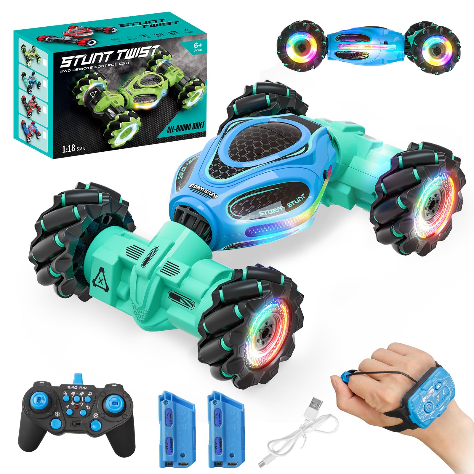 Remote Control Car for Boys - RC Cars for Boy Age 4-12, Gesture Sensing RC Stunt Drift Car for Kids Toys 4 5 6 7 8 9 10 11 12 Year Old Boy Birthday with Cool Lights Music (Blue)
