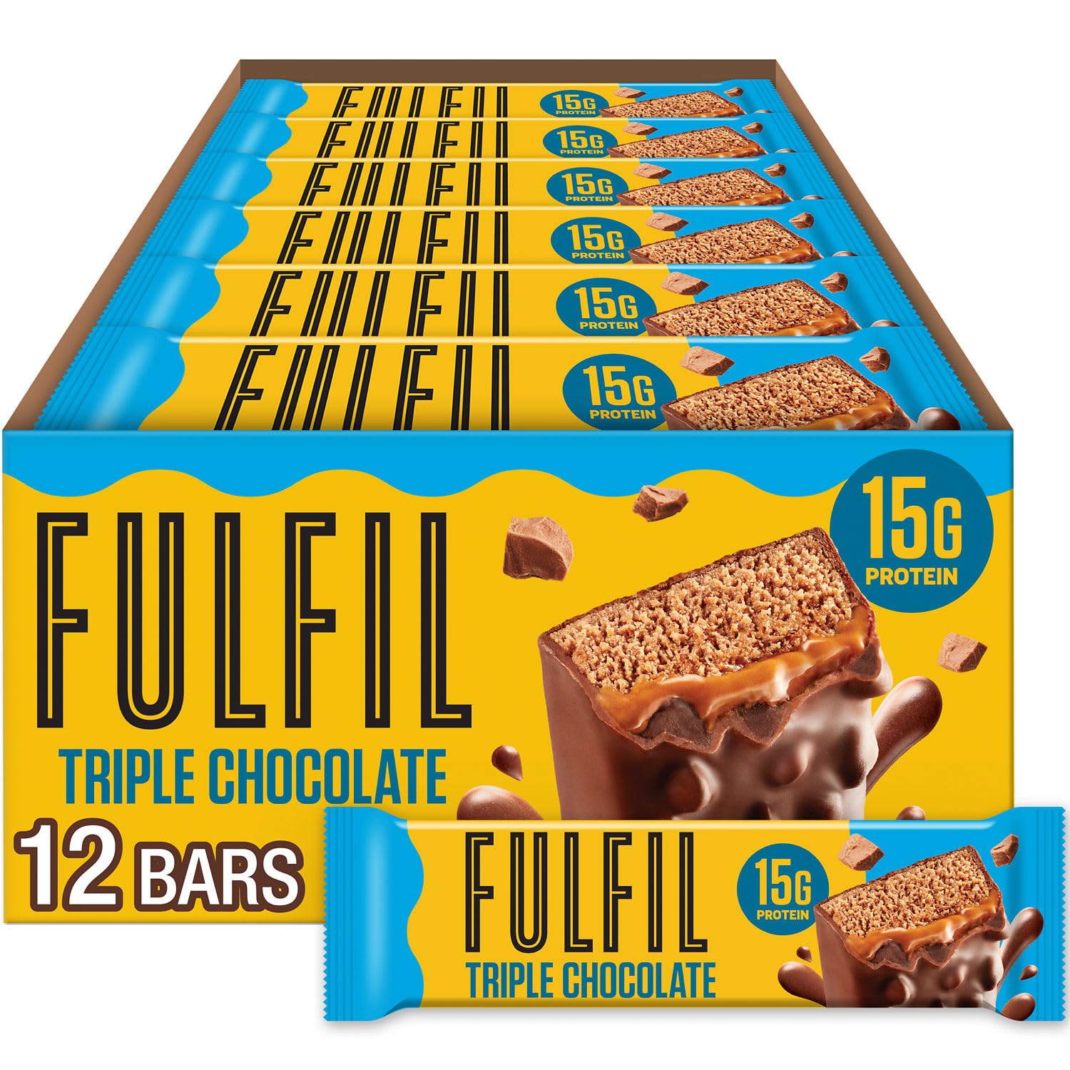 FULFIL Protein Snack Bars Flavored, Triple Chocolate, Gluten Free with 15g Protein, Pantry Staples, 12 Count