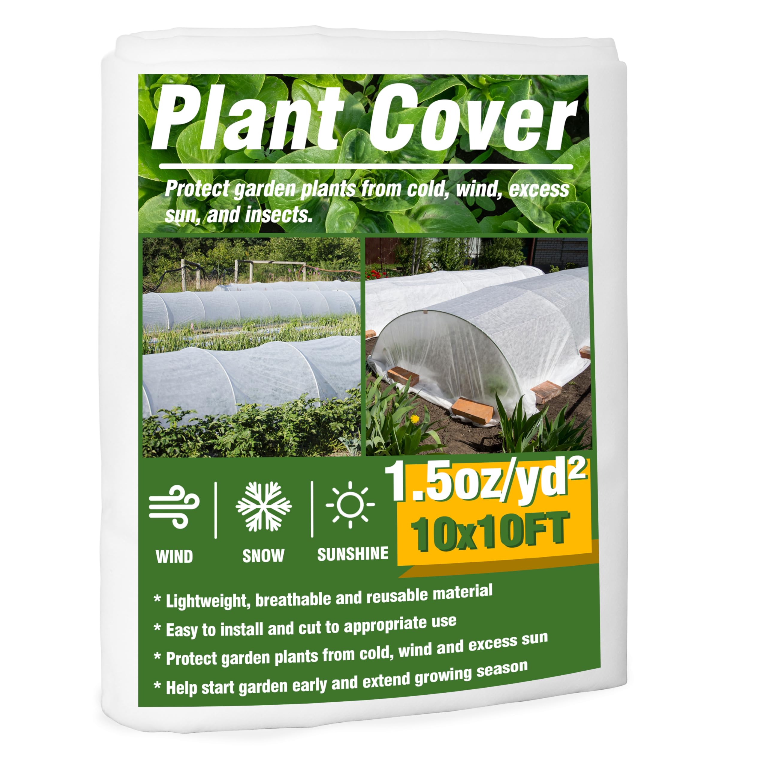 Gardzen 1.5 oz Plant Covers Freeze Protection, Reusable 10ft x 10ft Floating Row Covers, Thicker Frost Blankets for Outdoor Plants, Pests Protection, White