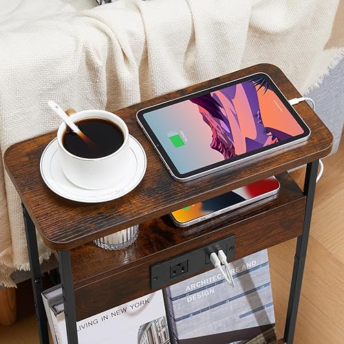 Miniatura 8 de Mesa auxiliar estrecha con estación de carga, mesa auxiliar de 3 niveles con 2 puertos USB y tomas de corriente, mesa auxiliar delgada para sofá