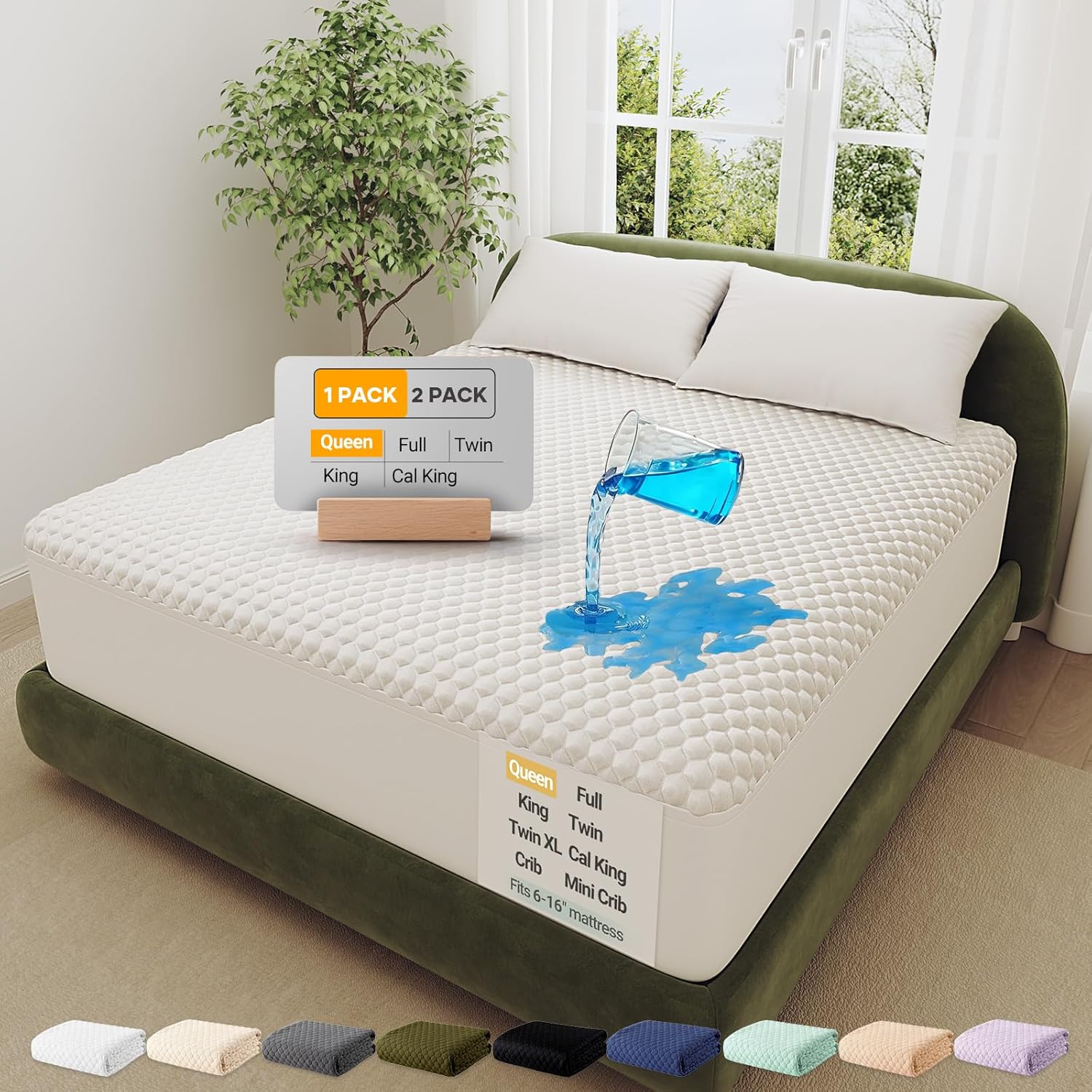 OhGeni 100% Waterproof Mattress Protector, Queen Size Mattress Pad, Fits 6"-20" Mattresses with Deep Pocket, Cooling, Breathable Fitted Sheets, Soft Bed Cover, Noiseless, Machine Washable 2- White Queen