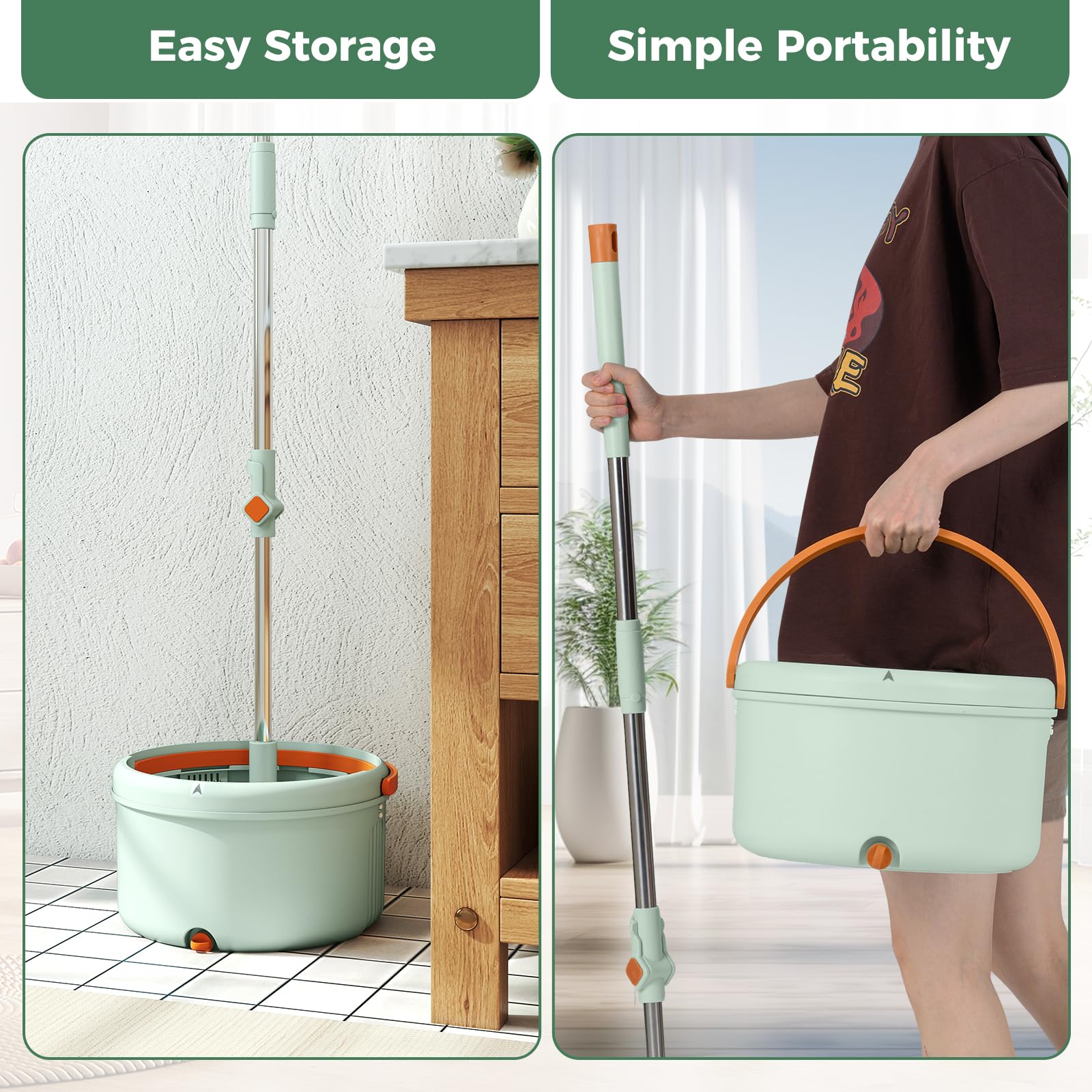 LIFEZEAL 2 Mopas de Fregona Profesional, Giratoria, 3 Paños de Limpieza, Escurridor, Doble Cubo, Filtro, Desagüe, Longitud Ajustable, Separación de Agua, Ligera (Verde Claro 2 Cabezales + 9 Paños)